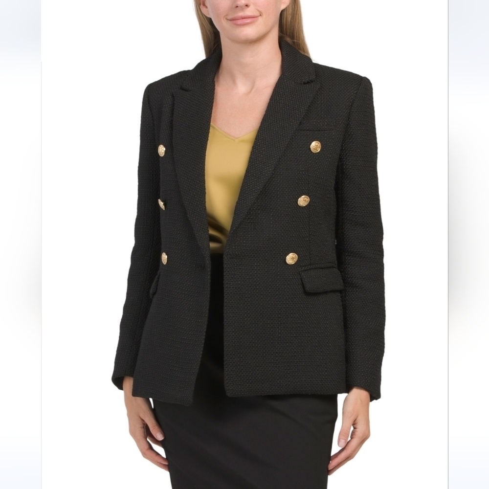 Ellen Tracy Black Double Breasted Boucle Blazer
